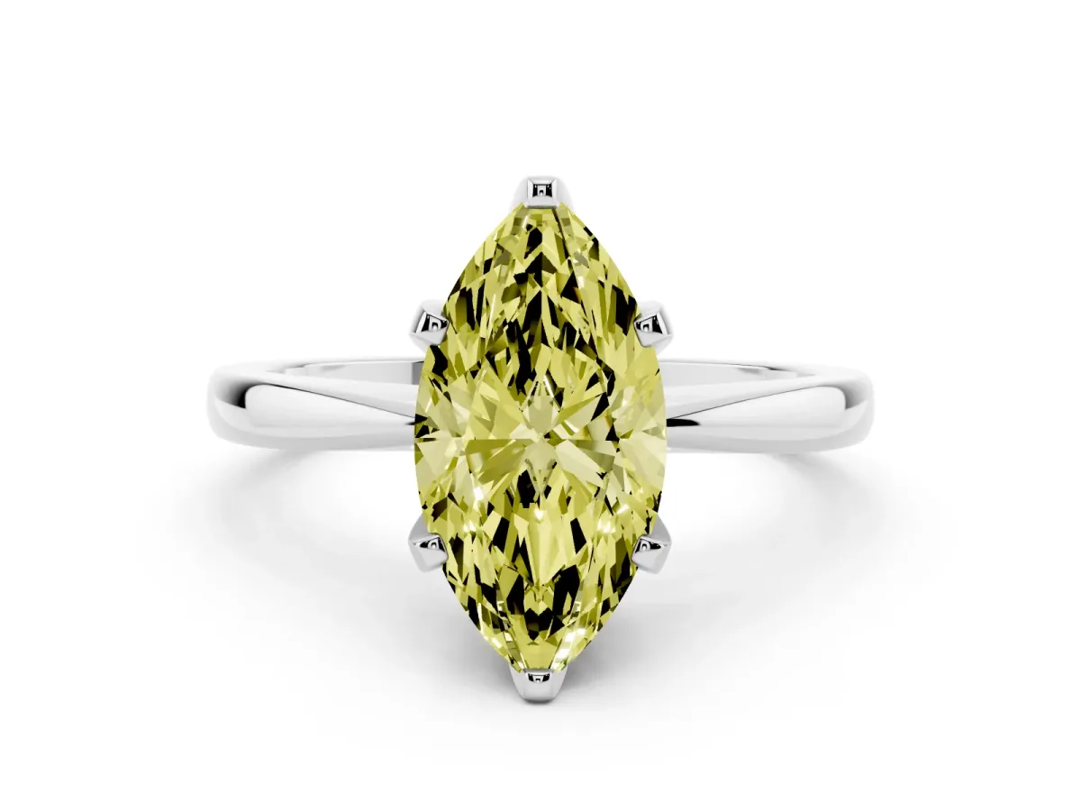 Fancy Yellow Marquise Cut Solitaire Engagement Ring with Six-Prong Setting and Tapered Band Silver