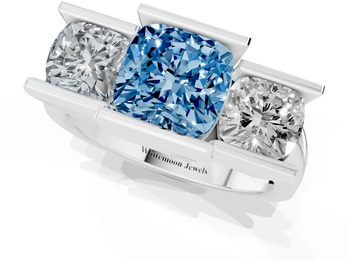 Fancy Blue Three Stone Cushion Cut Cut Channel Set Diamond Ring Silver