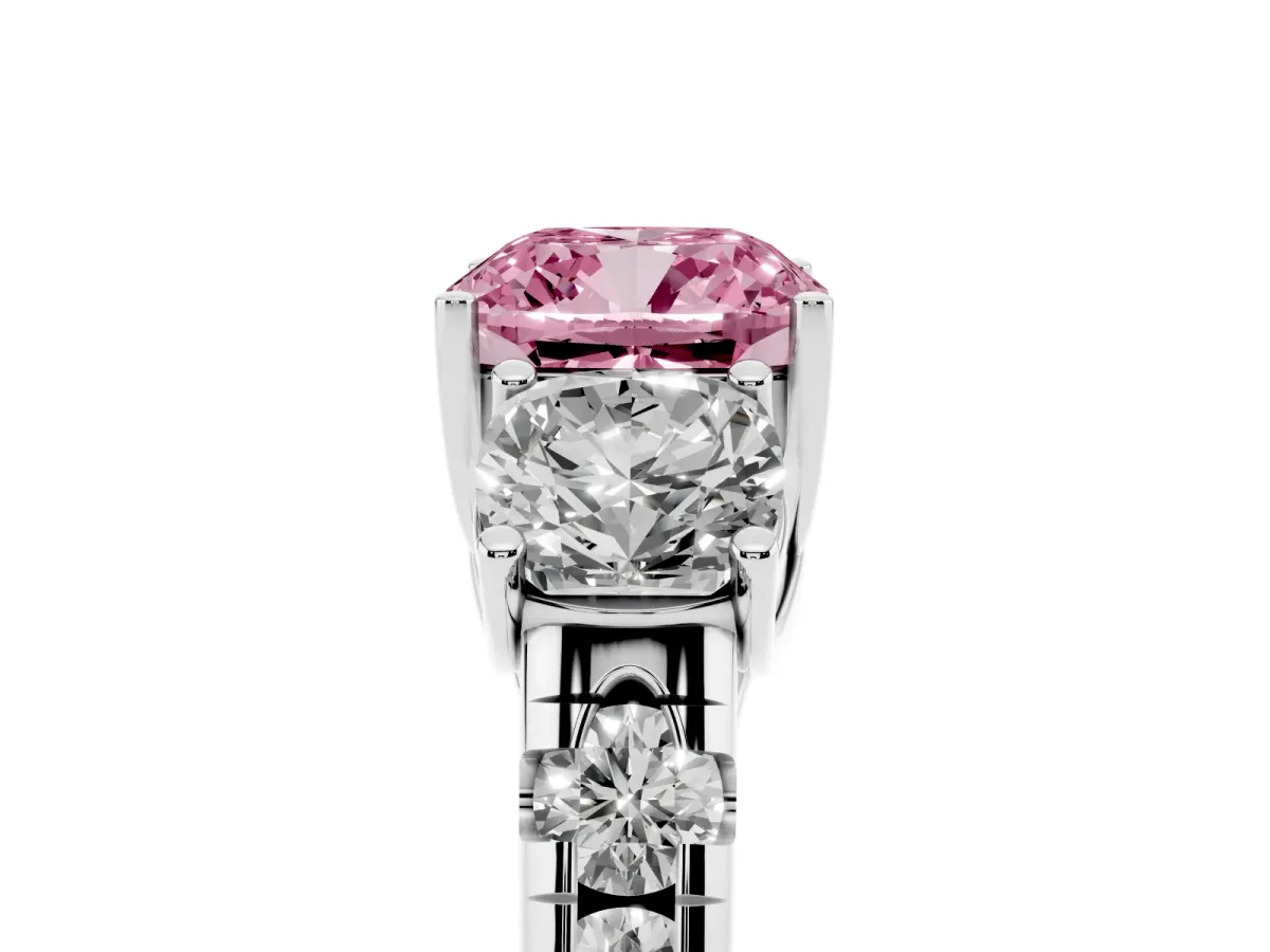 Fancy Pink Three-Stone Cushion Cut Diamond Pavé Band with Prong Setting Platinum