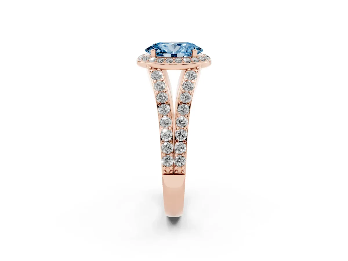 Fancy Blue Oval Cut Diamond Split Shank Halo Ring with Four-Prong Setting Rose gold