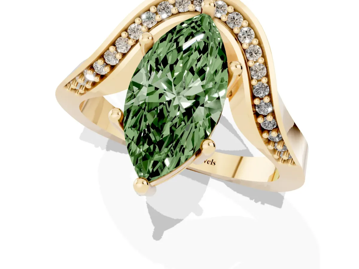 Fancy Green Marquise Cut Solitaire Diamond Engagement Ring with Pave Band and Four-Prong Setting Yellow gold