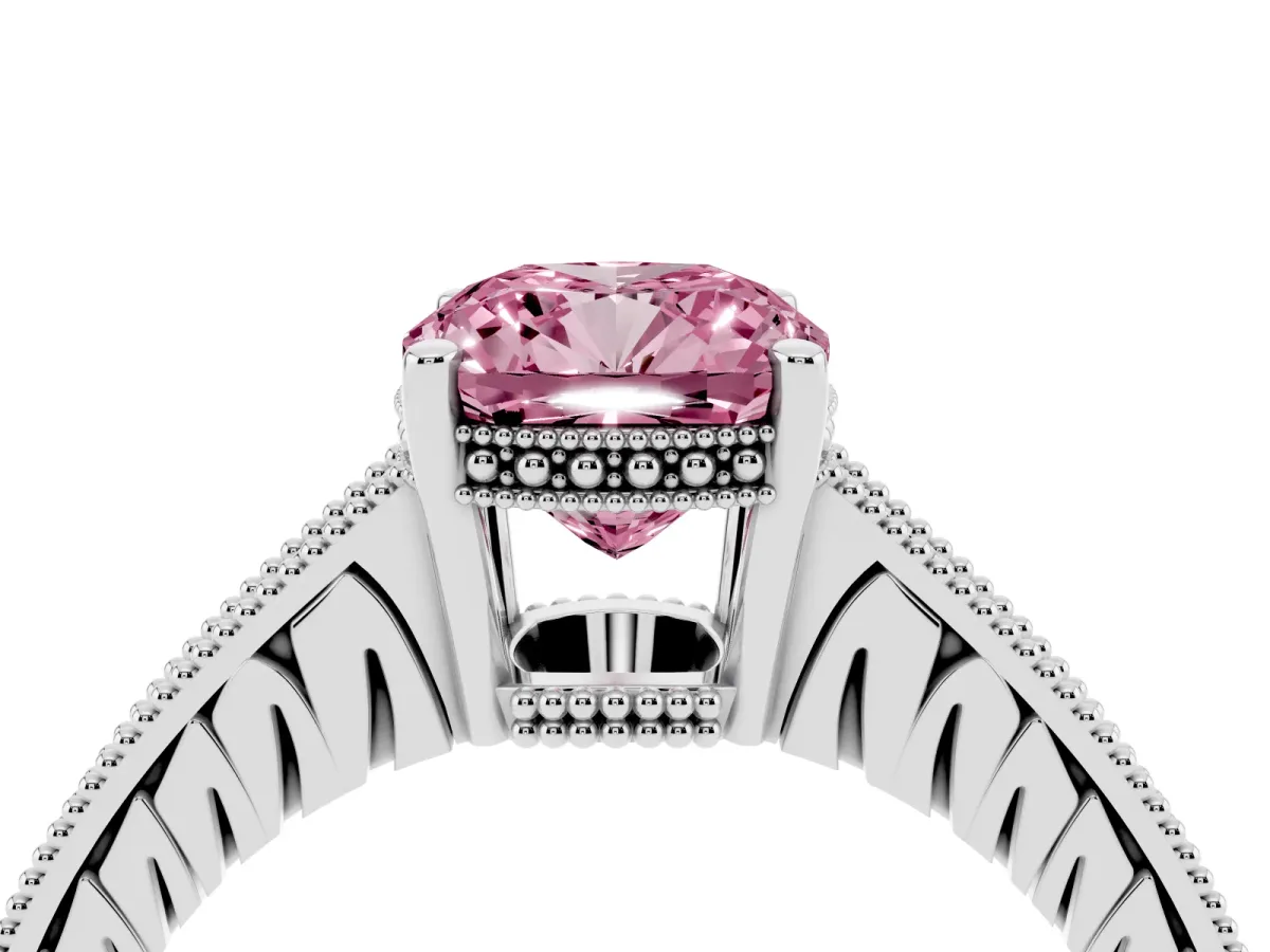 Fancy Pink Cushion Cut Solitaire Pavé Diamond Milgrain Engagement Ring with Four-Prong Setting Silver