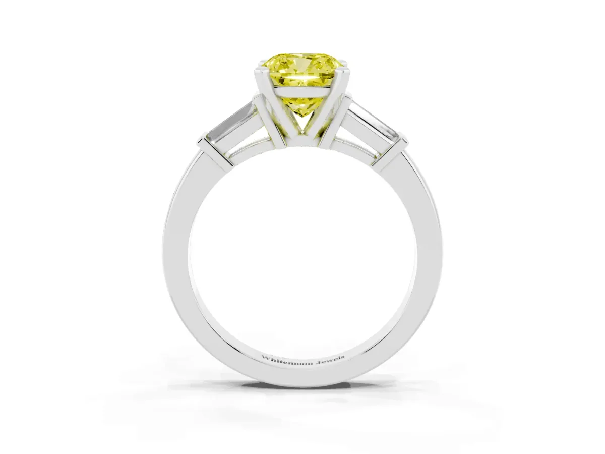 Fancy Yellow Cushion Cut Cut Diamond Solitaire Ring with Tapered Baguette Accents and Four-Prong Setting White gold