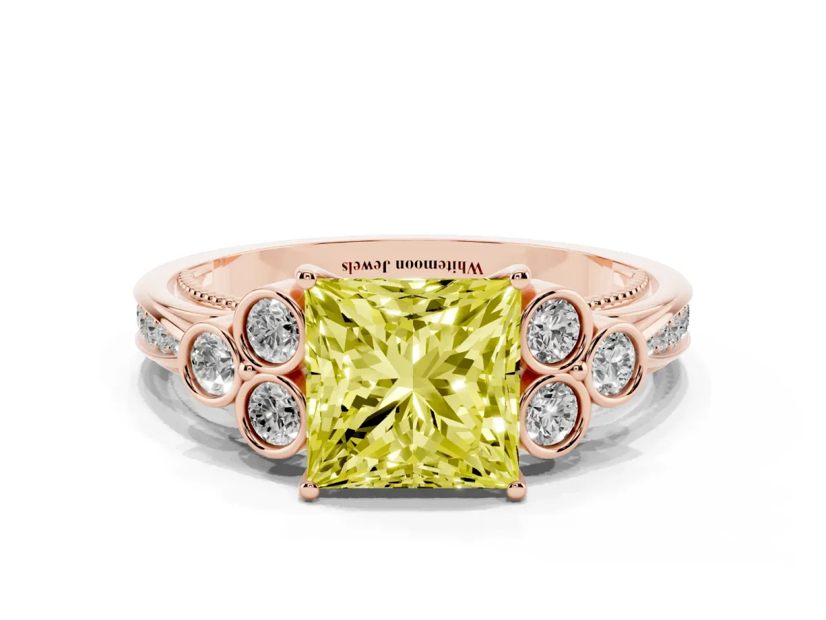 Fancy Yellow Princess Cut Cut Diamond Engagement Ring with Bezel Set Round Side Stones and Prong Setting Rose gold