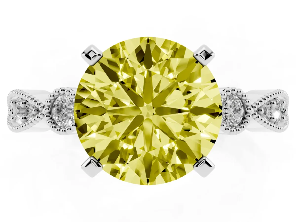 Fancy Yellow Round Cut Milgrain Bezel Diamond Engagement Ring with Solitaire Prong Setting Silver