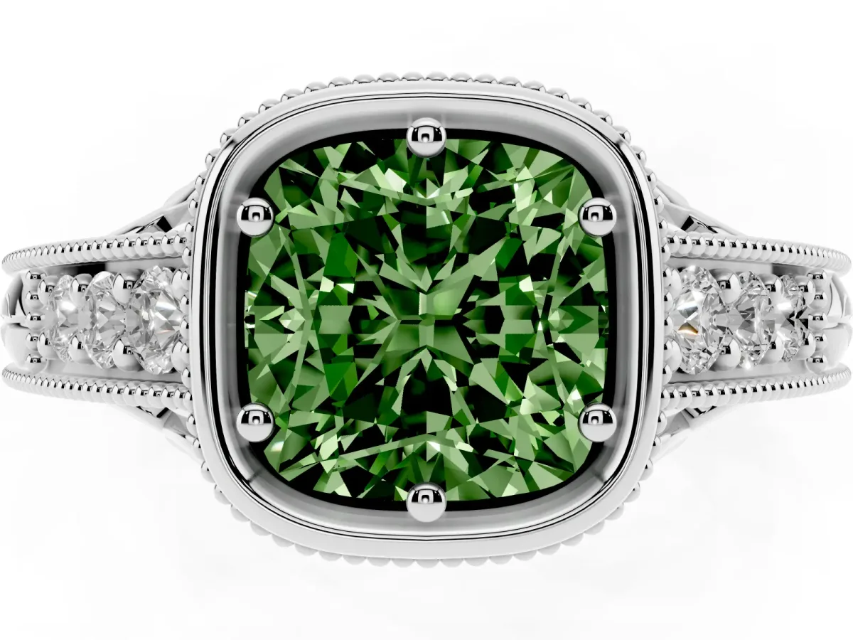 Fancy Green Bezel Set Cushion Cut Diamond Milgrain Pave Engagement Ring Silver