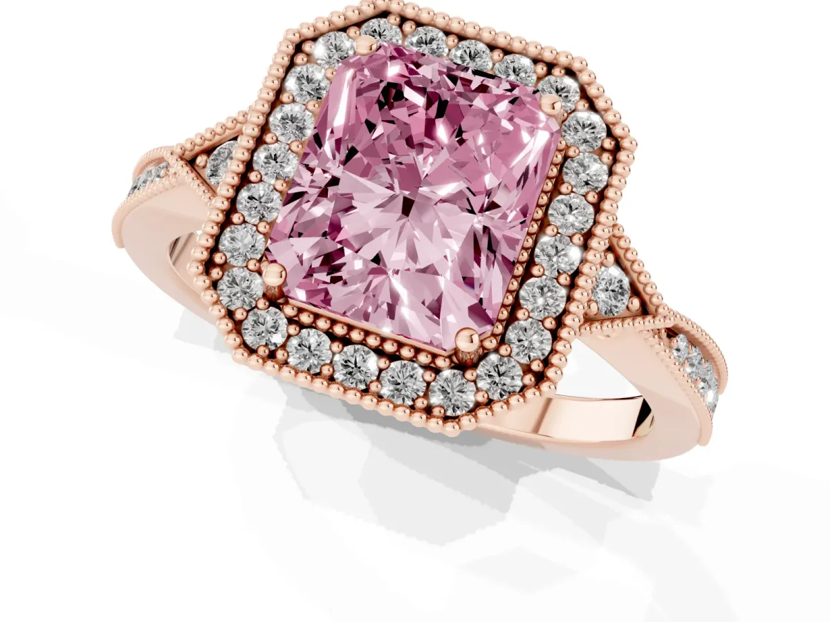 Fancy Pink Radiant Cut Halo Round Diamond Milgrain Pave Engagement Ring Rose gold