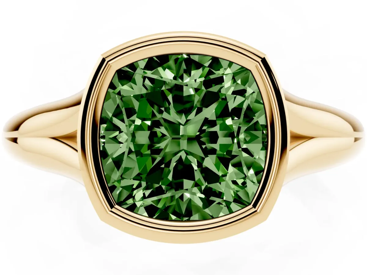 Fancy Green Bezel Set Cushion Cut Solitaire Diamond Ring with Smooth Band Yellow gold