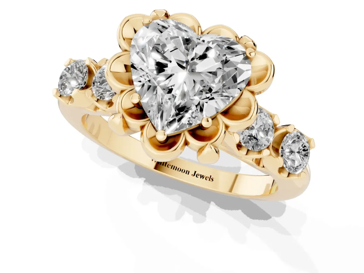 Heart Cut Cut Diamond Floral Halo Engagement Ring with Shared Prong Setting Yellow gold