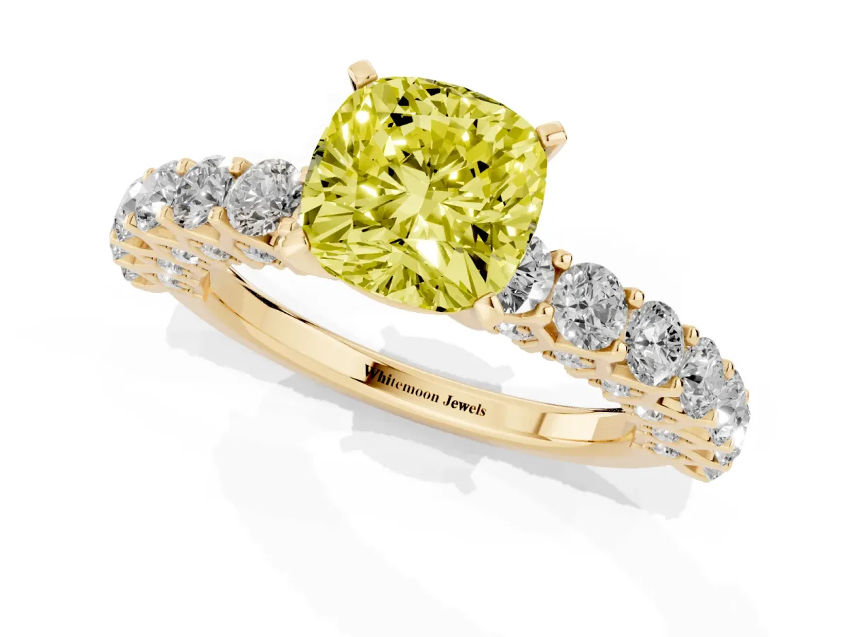 Fancy Yellow Cushion Cut Diamond Solitaire Ring with Shared Prong Pavé Band and Four-Prong Setting Yellow gold