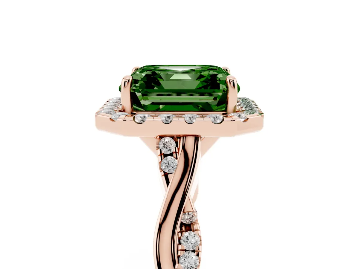 Fancy Green Asscher Cut Halo Twist Band Solitaire Ring Rose gold