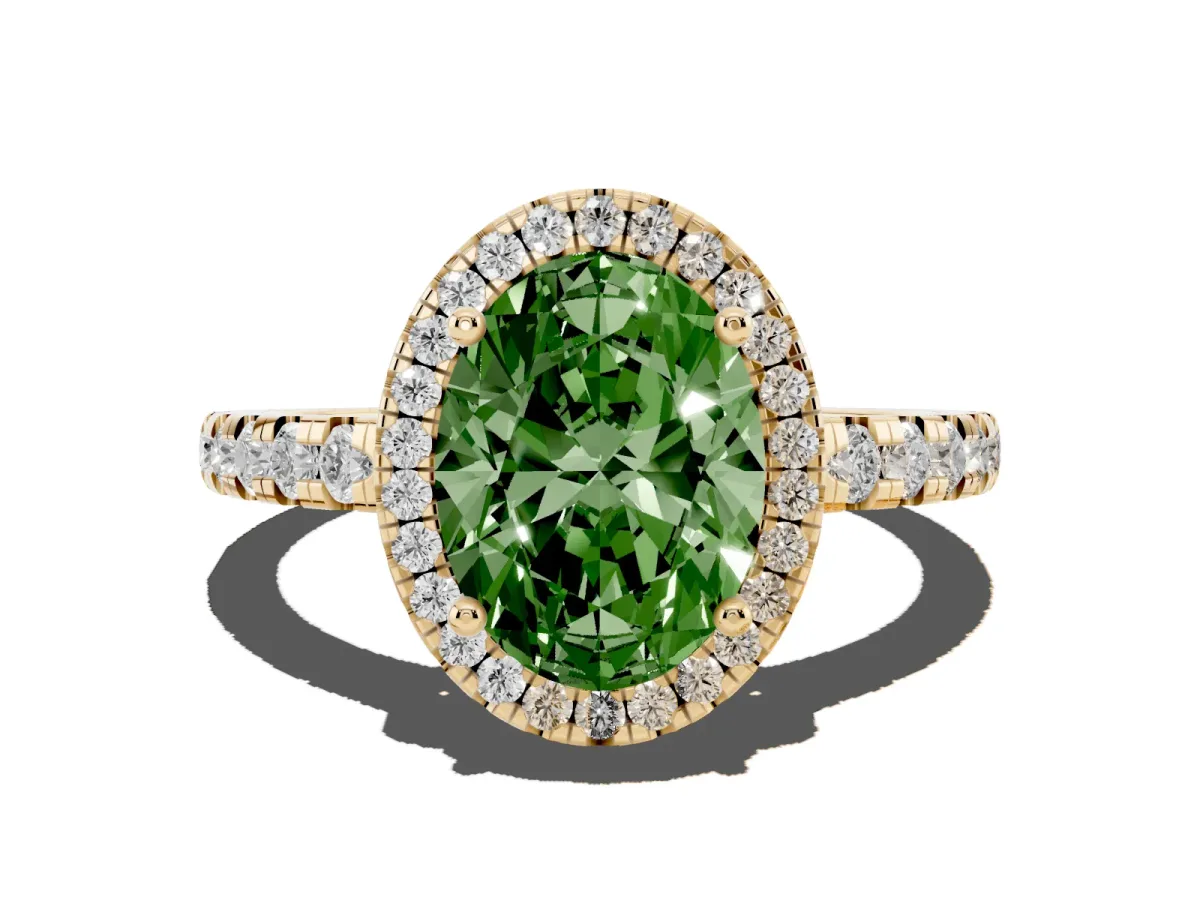 Fancy Green Oval Cut Diamond Halo Ring with Pavé Band and Four-Prong Setting Yellow gold