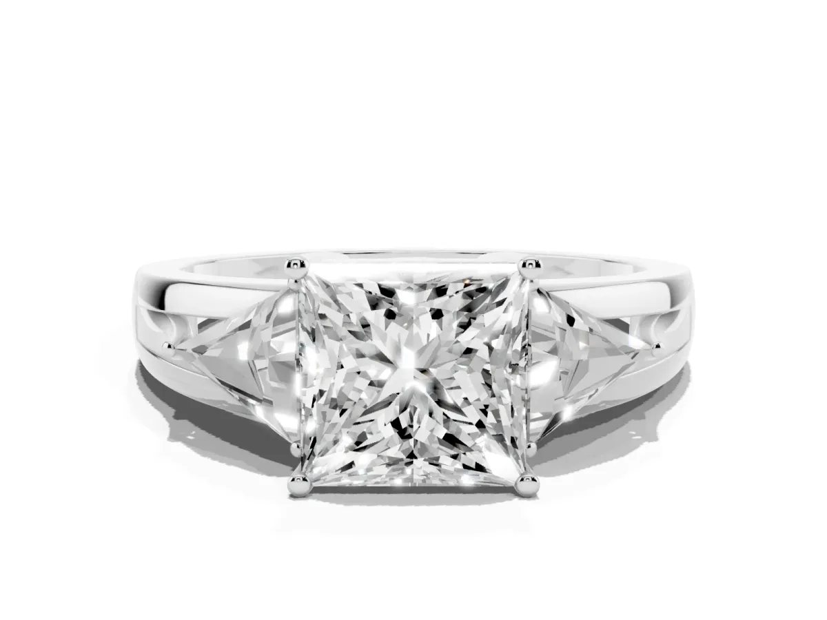Three-Stone Princess Cut Cut Diamond Ring with Trillion Side Stones on a Split Shank Band Silver