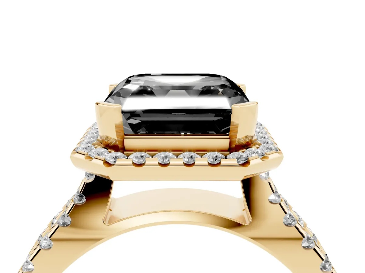 Fancy Black Asscher Cut Diamond Halo Ring with Split Shank Pavé Band and Prong Setting Yellow gold