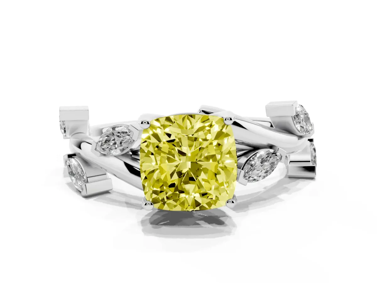 Fancy Yellow Cushion Cut Solitaire Twisted Band Marquise Accent Prong Setting Ring Silver