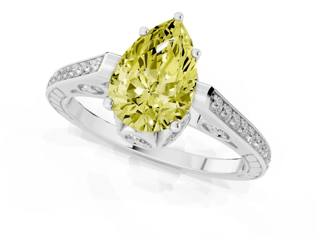 Fancy Yellow Pear Cut Cut Cathedral Pave Diamond Engagement Ring with Six-Prong Setting Silver