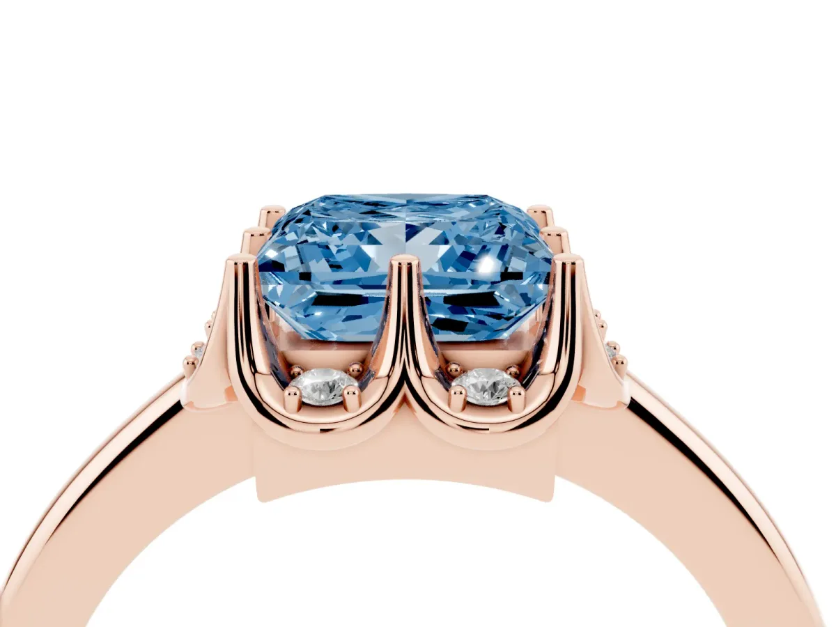 Fancy Blue Princess Cut Halo Diamond Ring with Round Cluster Setting, Solitaire Band, and Four-Prong Setting Rose gold