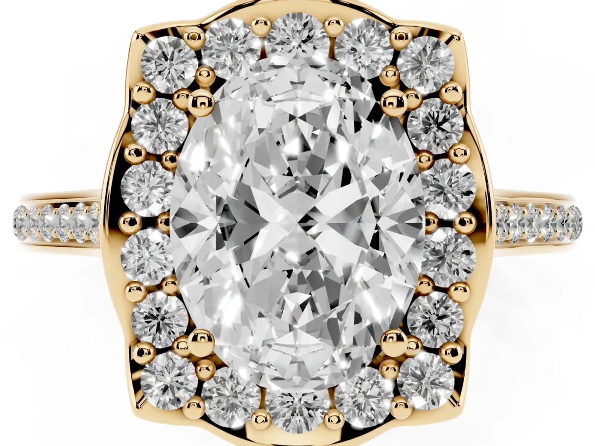 Oval Cut Halo Round Diamond Pave Band with Four-Prong Setting Yellow gold