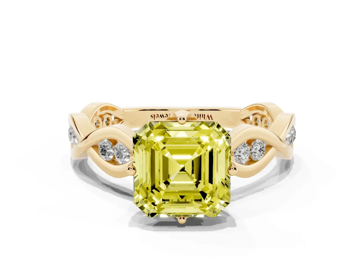 Fancy Yellow Asscher Cut Solitaire Twist Band with Leaf Prong Setting Yellow gold