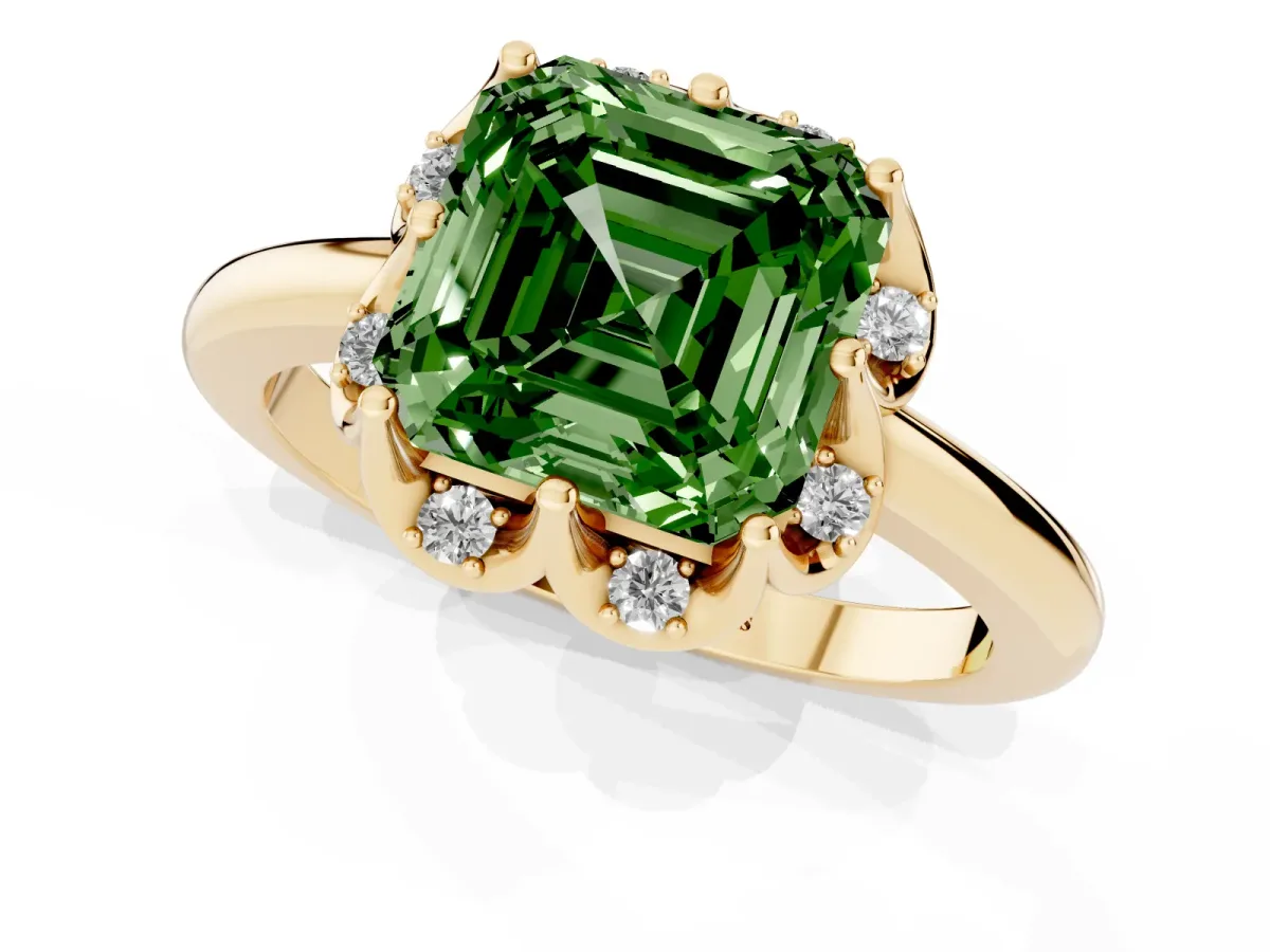 Fancy Green Asscher Cut Halo Diamond Ring with Round Cluster Setting, Solitaire Band, and Four-Prong Setting Yellow gold