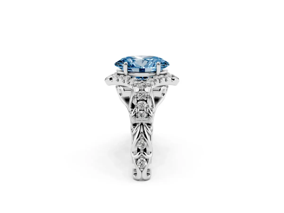 Fancy Blue Oval Cut Diamond Solitaire Ring with Hidden Halo and Pavé Band Platinum