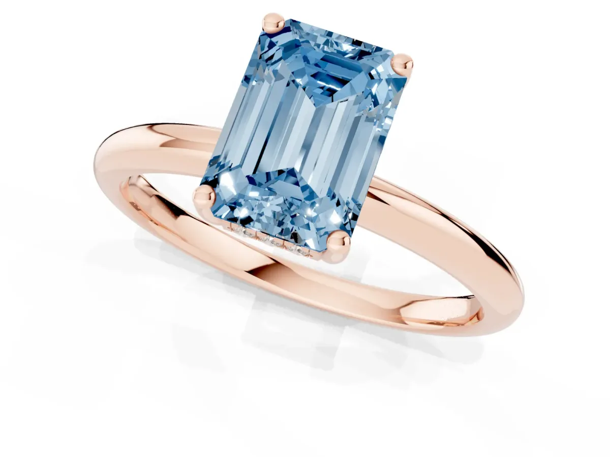 Fancy Blue Emerald Cut Cut Solitaire Engagement Ring with Four-Prong Setting and Classic Band Rose gold