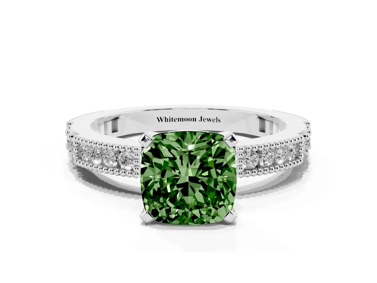 Fancy Green Cushion Cut Solitaire with Pavé Band and Four-Prong Setting Silver