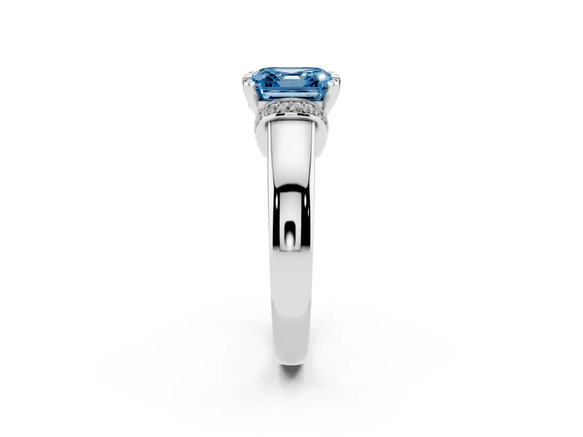 Fancy Blue Asscher Cut Solitaire Diamond Ring with Pave Band and Six-Prong Setting Silver