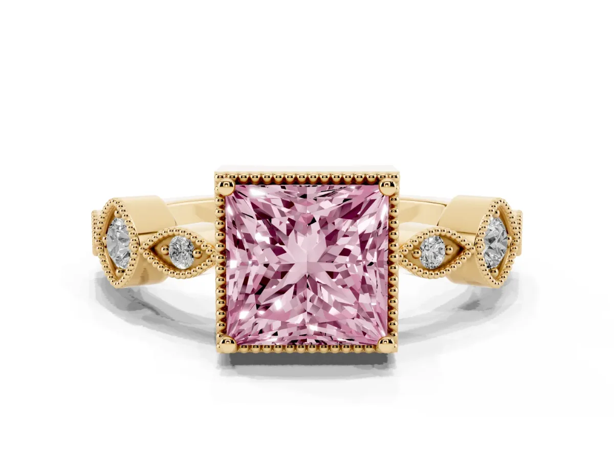 Fancy Pink Princess Cut Diamond Vintage Milgrain Ring with Round Stations Yellow gold