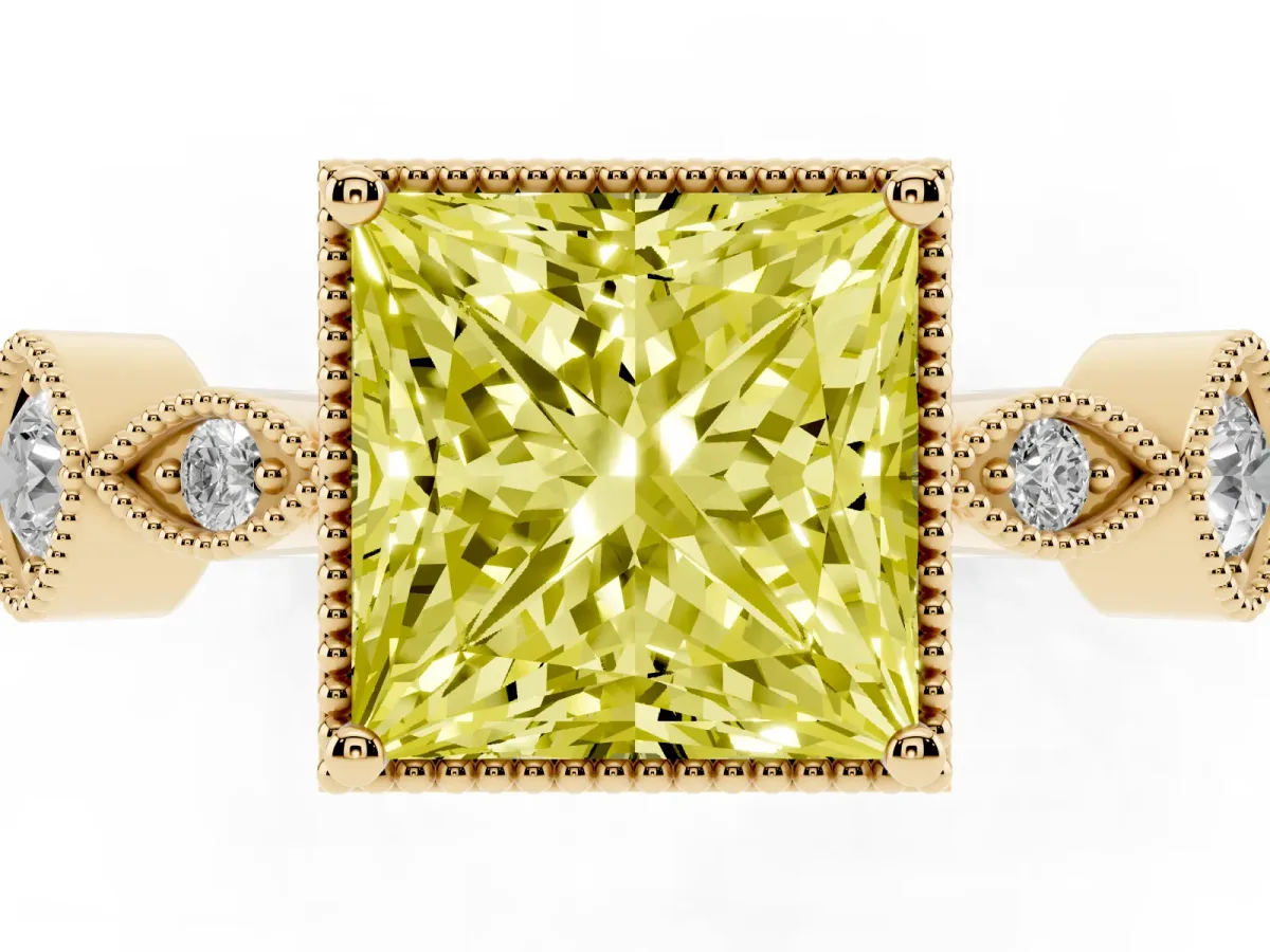 Fancy Yellow Princess Cut Diamond Vintage Milgrain Ring with Round Stations Yellow gold