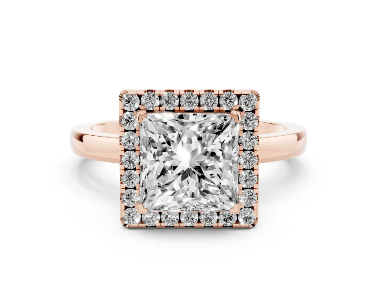 Princess Cut Halo Diamond Solitaire with Pavé Band and Four-Prong Setting Rose gold