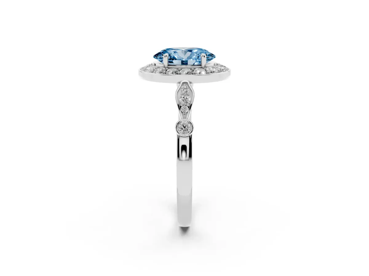 Fancy Blue Oval Cut Halo Diamond Engagement Ring with Twisted Band and Four-Prong Setting Silver