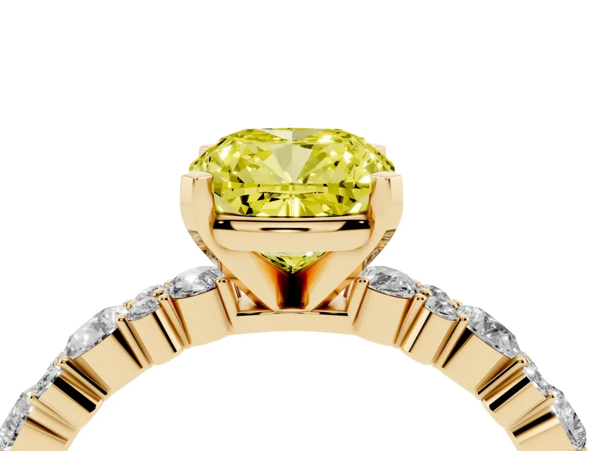 Fancy Yellow Cushion Cut Diamond Side Stone Solitaire Ring with Round and Four-Prong Setting Yellow gold
