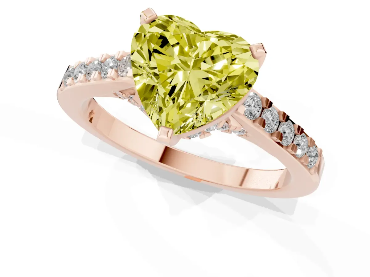 Fancy Yellow Heart Cut Diamond Solitaire Ring with Crossover Gallery and Round Pavé Band Rose gold