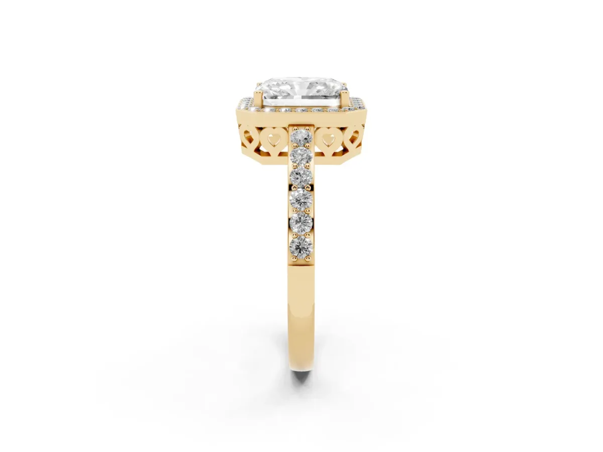 Radiant Cut Halo Diamond Pavé Band Ring with Prong Setting Yellow gold