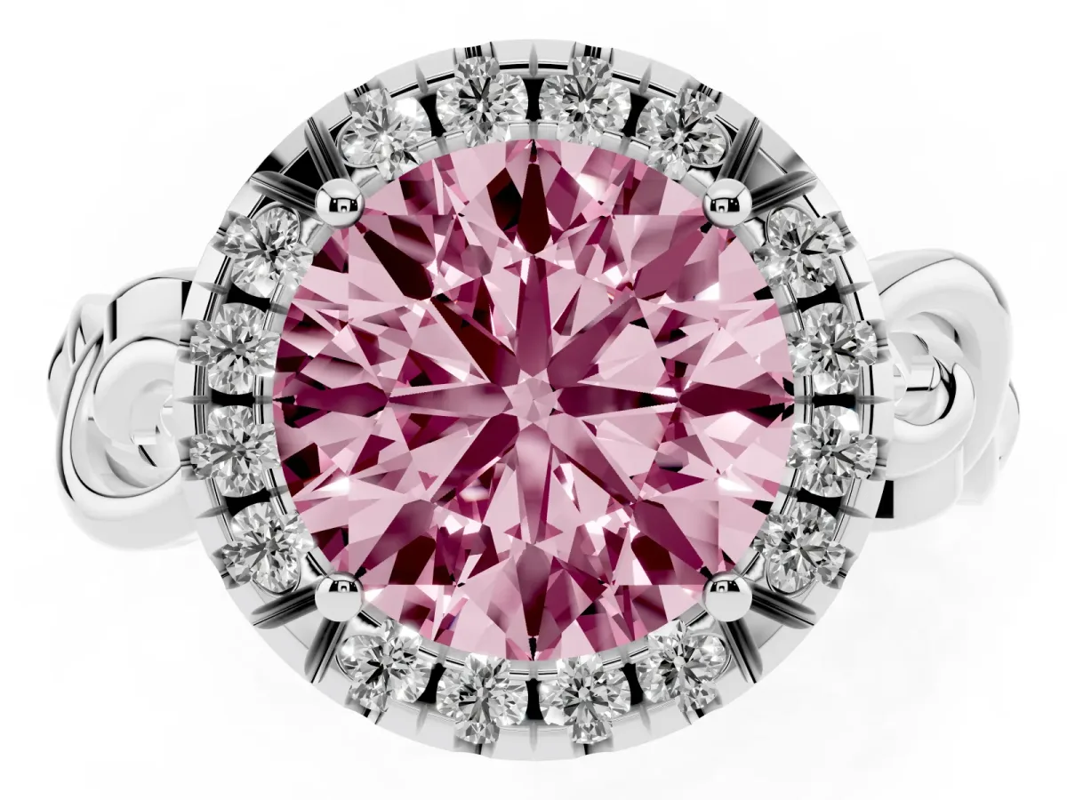 Fancy Pink Round Cut Cut Halo Diamond Ring with Scrollwork Band and Four-Prong Setting Silver