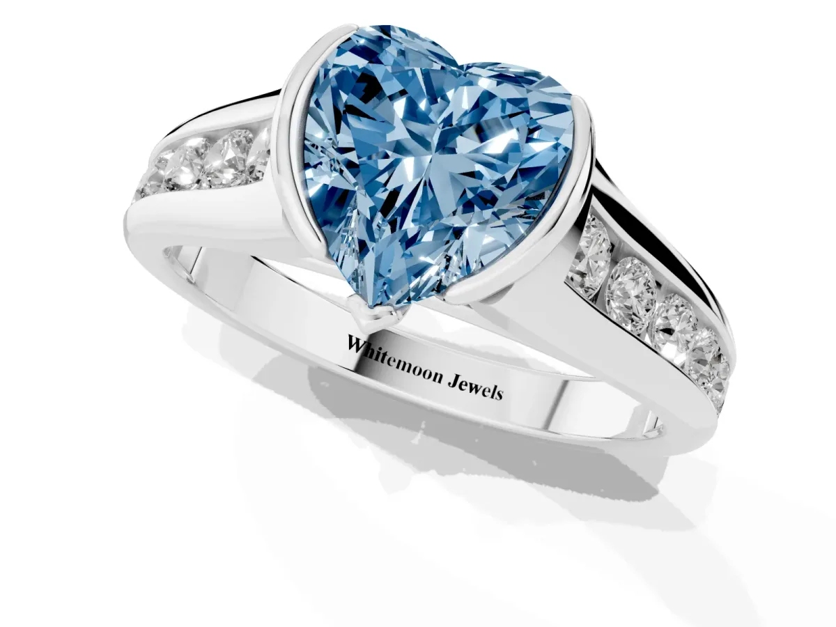 Fancy Blue Heart Cut Solitaire Bezel-Set Diamond Ring with Channel-Set Band Silver
