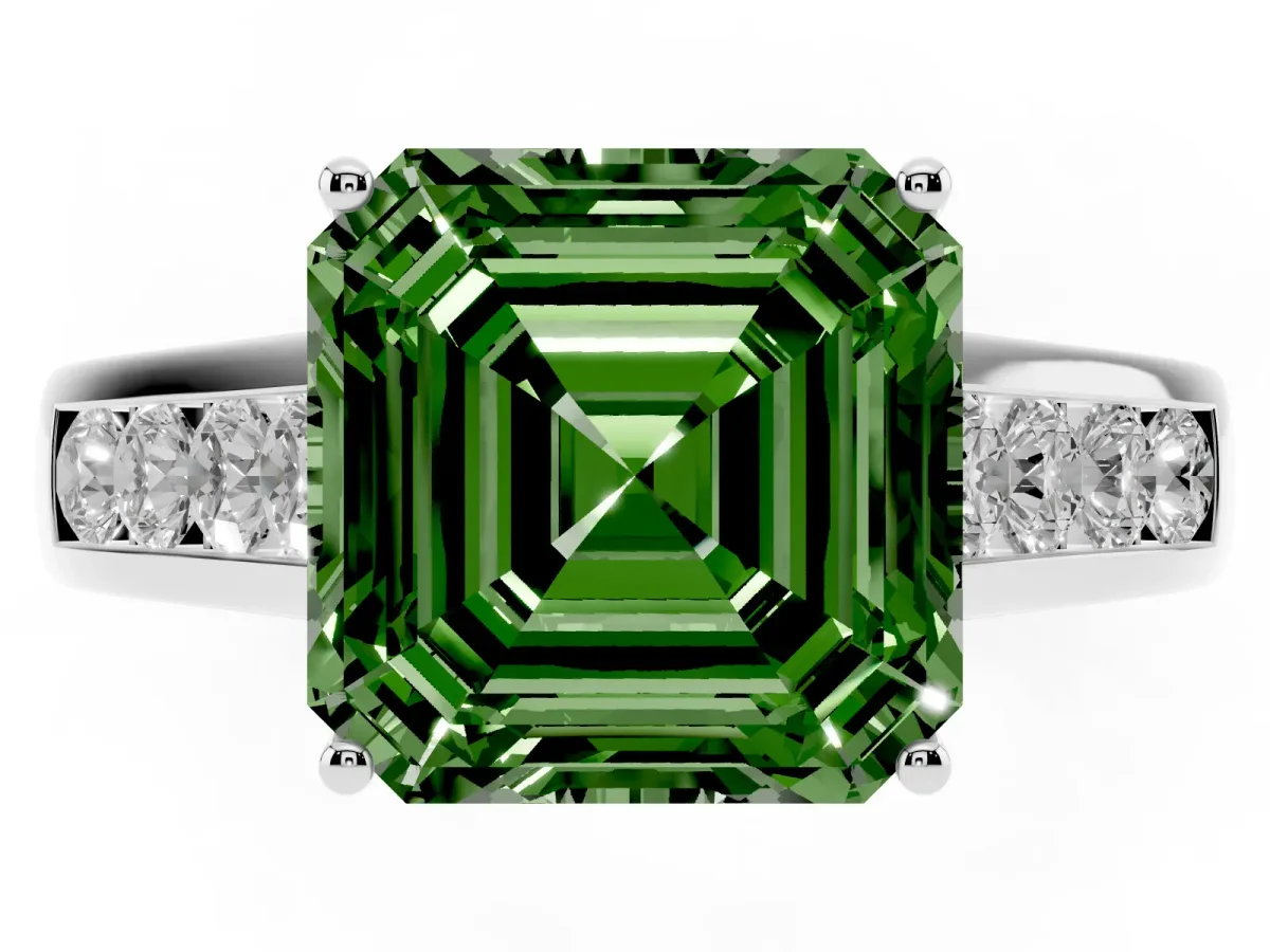 Fancy Green Asscher Cut Solitaire Channel-Set Diamond Engagement Ring with Four-Prong Setting Silver