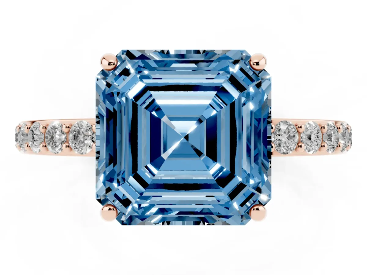 Fancy Blue Asscher Cut Diamond Solitaire Ring with Round Pavé Shoulders and Prong Setting Rose gold