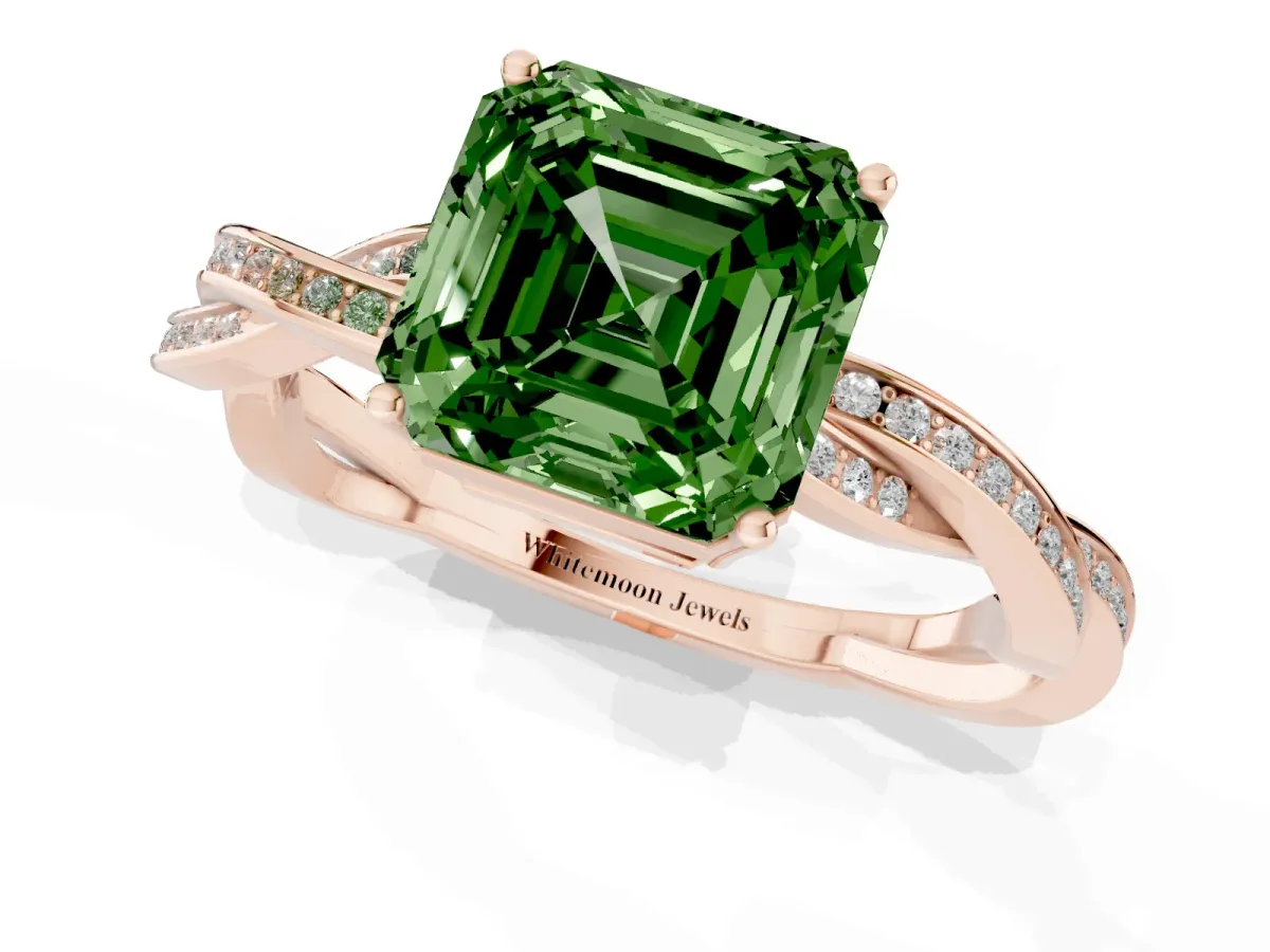 Fancy Green Asscher Cut Solitaire Twisted Pave Diamond Ring with Four-Prong Setting Rose gold