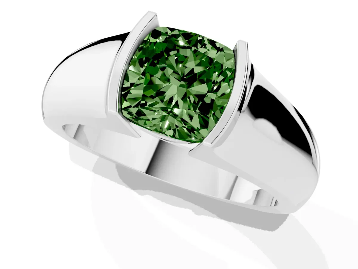 Fancy Green Cushion Cut Solitaire Bezel Set Diamond Ring with Wide Band Silver
