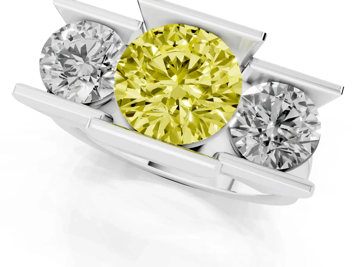 Fancy Yellow Three Stone Round Cut Cut Channel Set Diamond Ring Platinum
