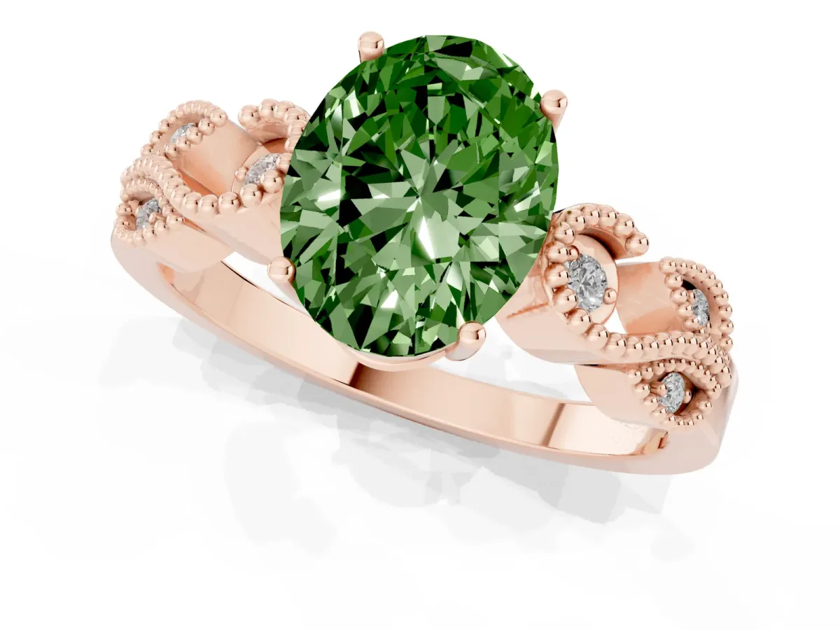 Fancy Green Oval Cut Solitaire Milgrain Leaf Band with Prong Setting Rose gold