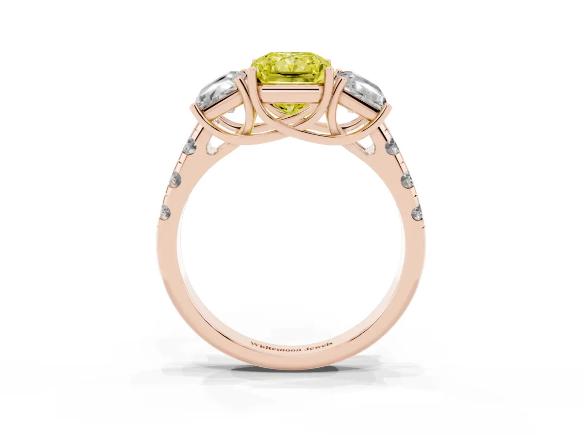 Fancy Yellow Three-Stone Radiant Cut Diamond Pavé Band with Prong Setting Rose gold