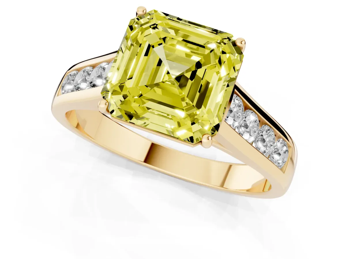 Fancy Yellow Asscher Cut Brilliant Channel-Set Solitaire Ring with Four-Prong Setting Yellow gold