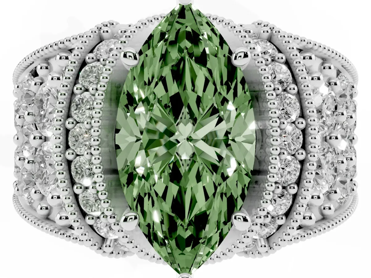Fancy Green Marquise Cut Halo Pave Diamond Engagement Ring with Milgrain Detailing Silver