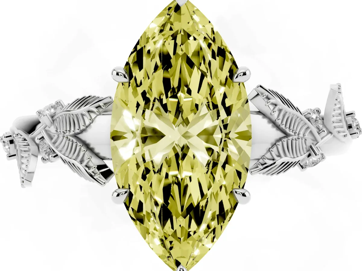 Fancy Yellow Marquise Cut Diamond Solitaire Ring with Leaf Motif Band and Four-Prong Setting Silver