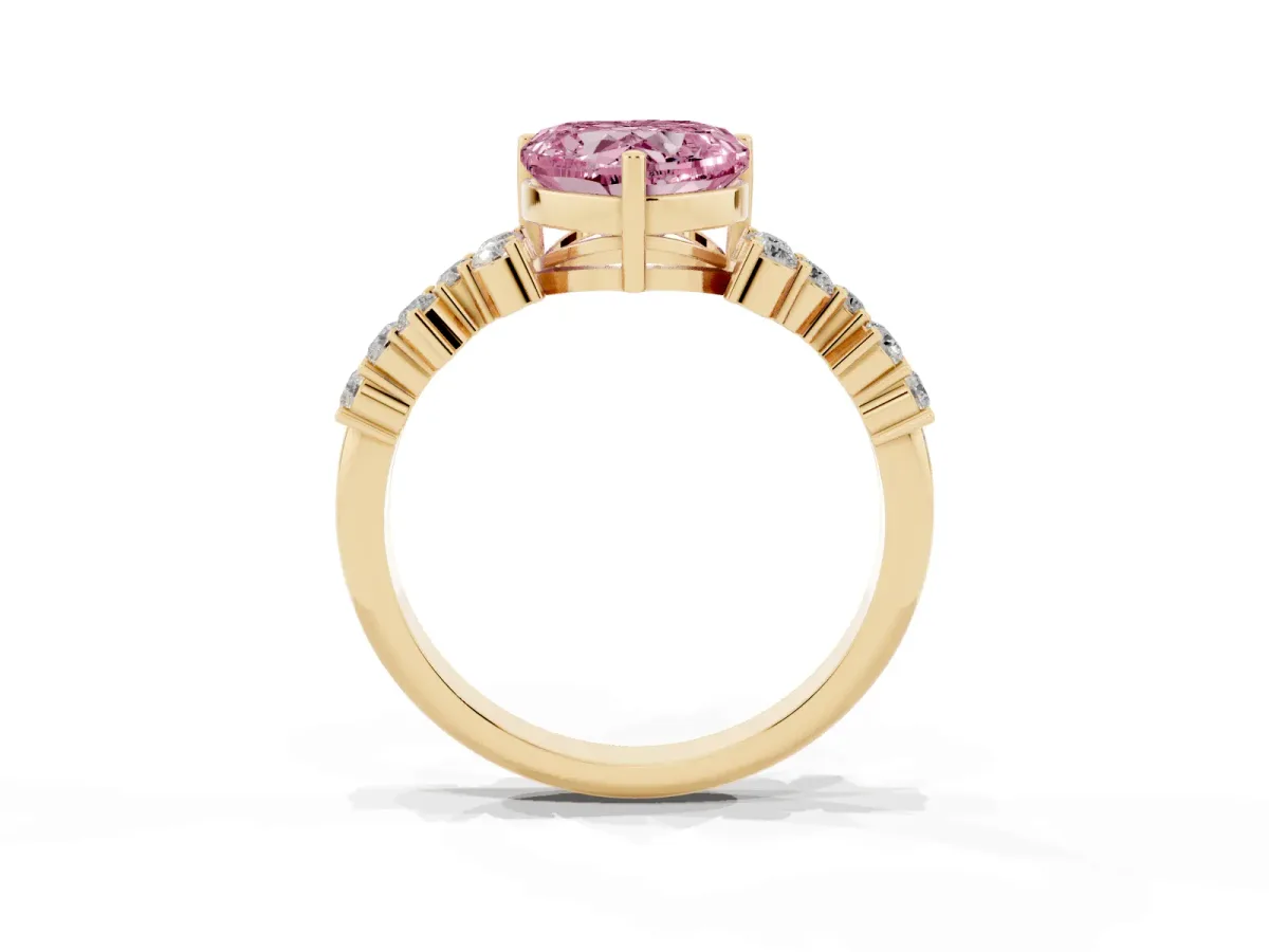 Fancy Pink Heart Cut Diamond Scattered Round Accent Ring with Prong Setting Yellow gold