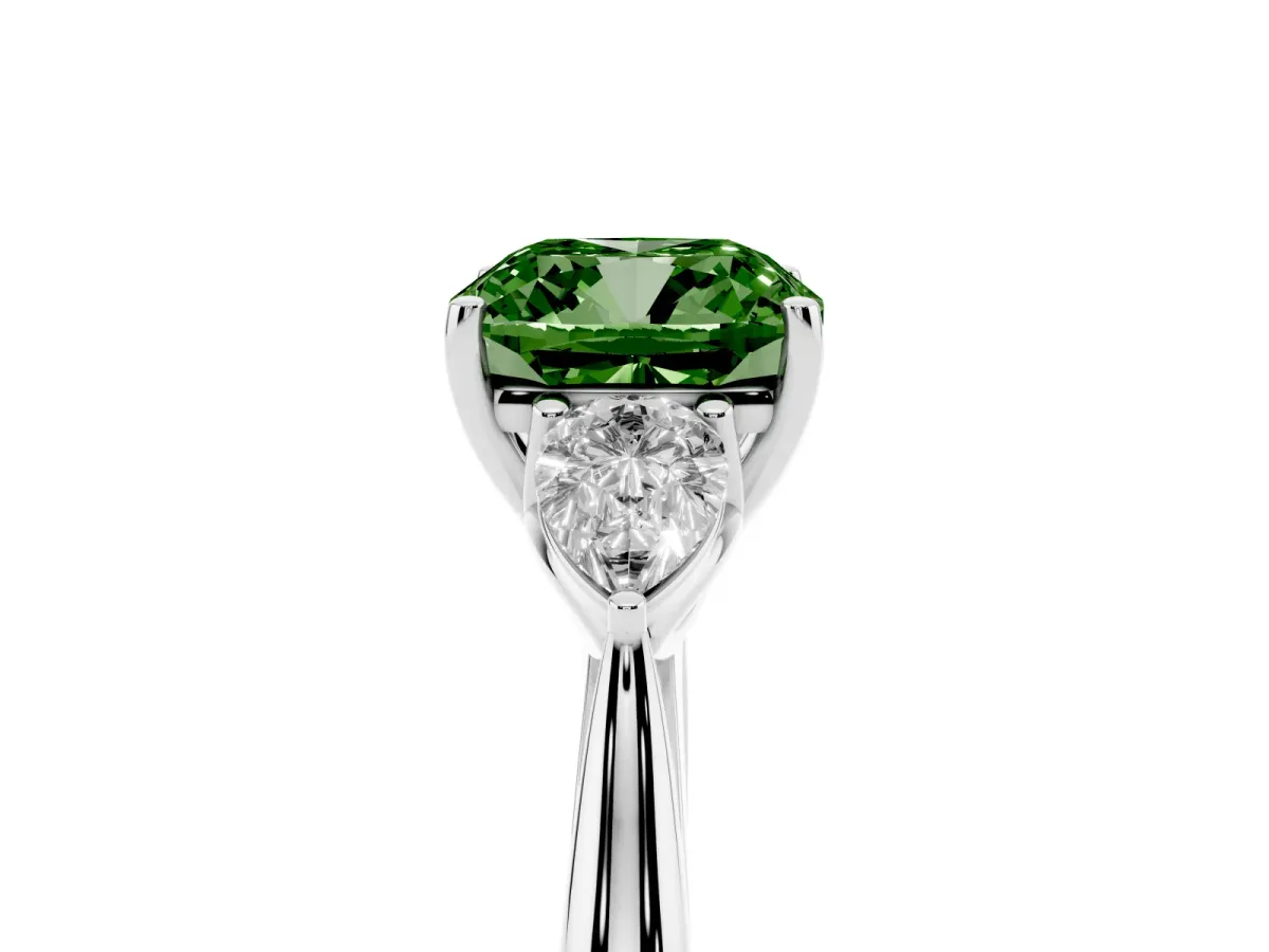 Fancy Green Three-Stone Cushion Cut Diamond Ring with Pear Side Stones in Four-Prong Setting Silver