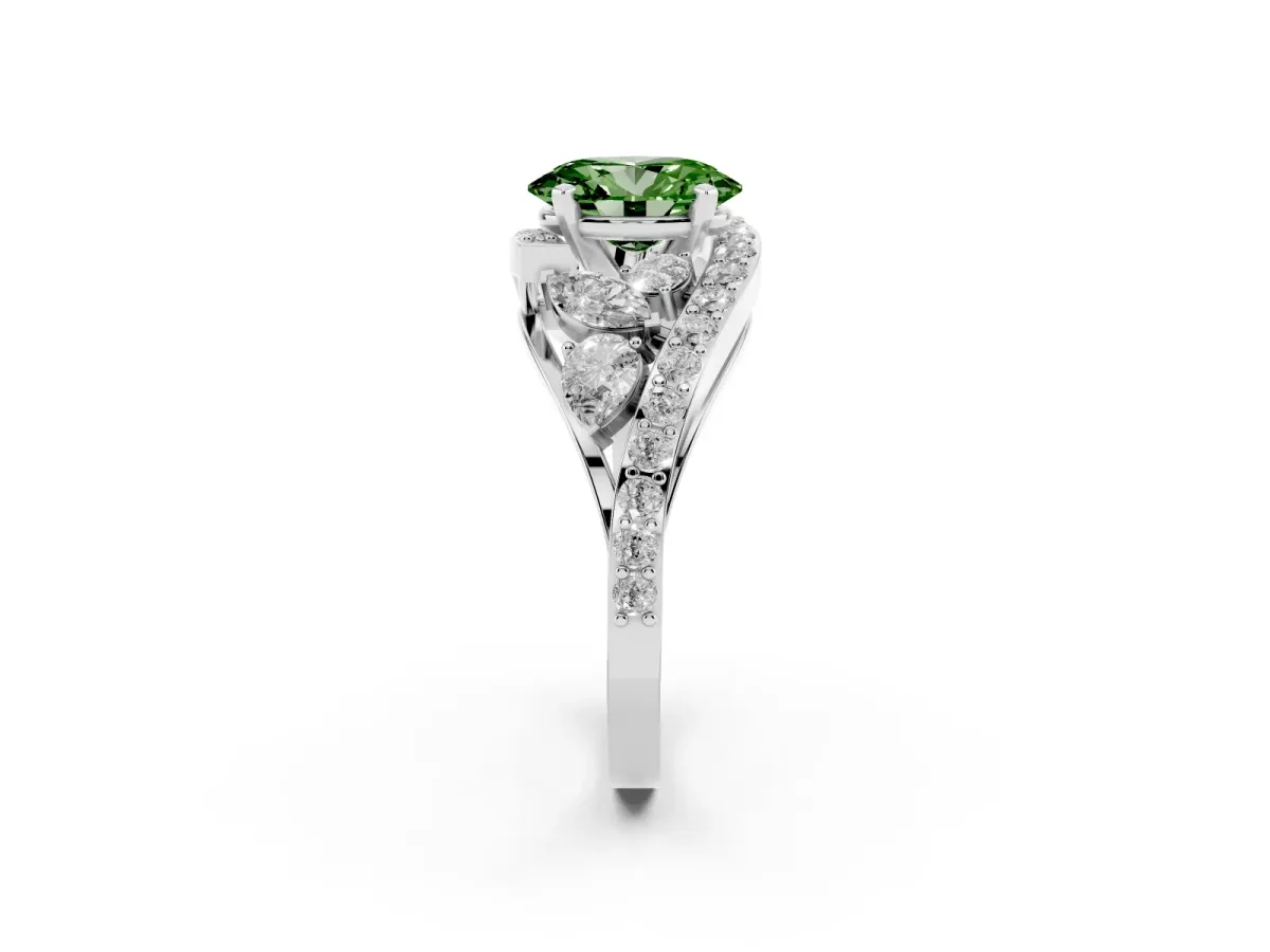 Fancy Green Oval Cut Diamond Halo Ring with Marquise and Pavé Band in Prong Setting Silver